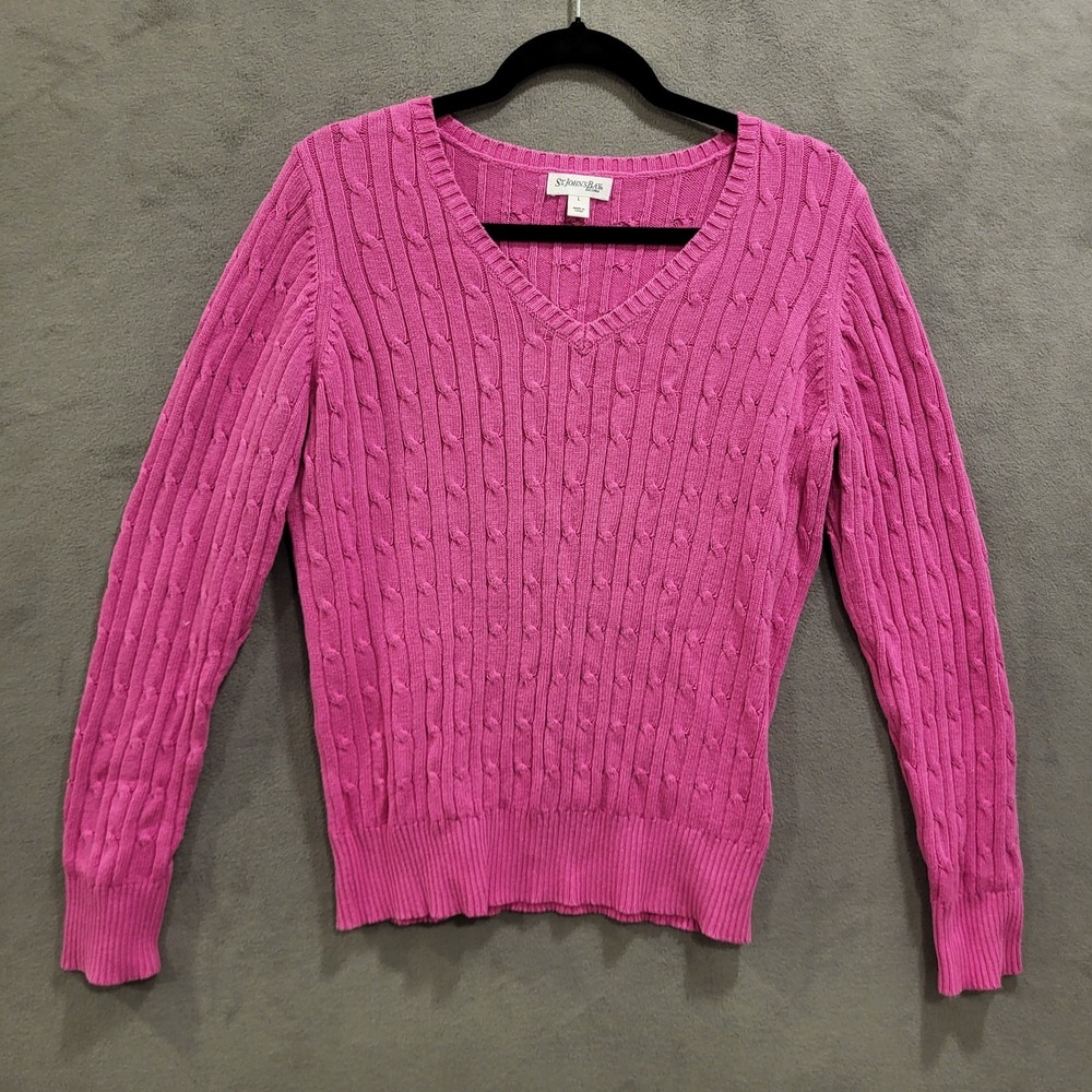 St Johns Bay V-Neck Cable Knit Sweater Women's Size Large Tennis Ivy League